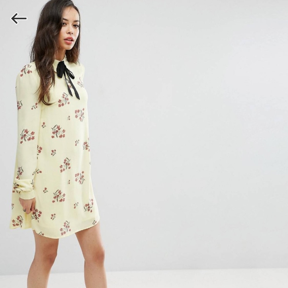 ASOS pale yellow floral shirt dress with black bow tie
